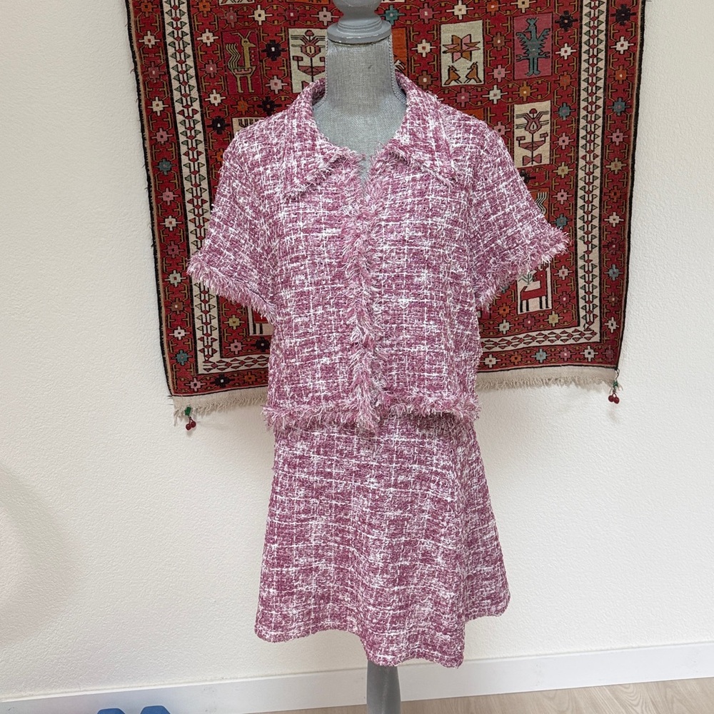 Zara pink tweed STRUCTURED KNIT CARDIGAN and skirt set